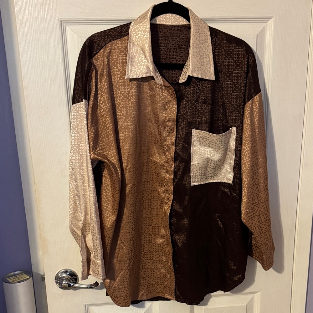 Brown and Cream Button-Up blouse